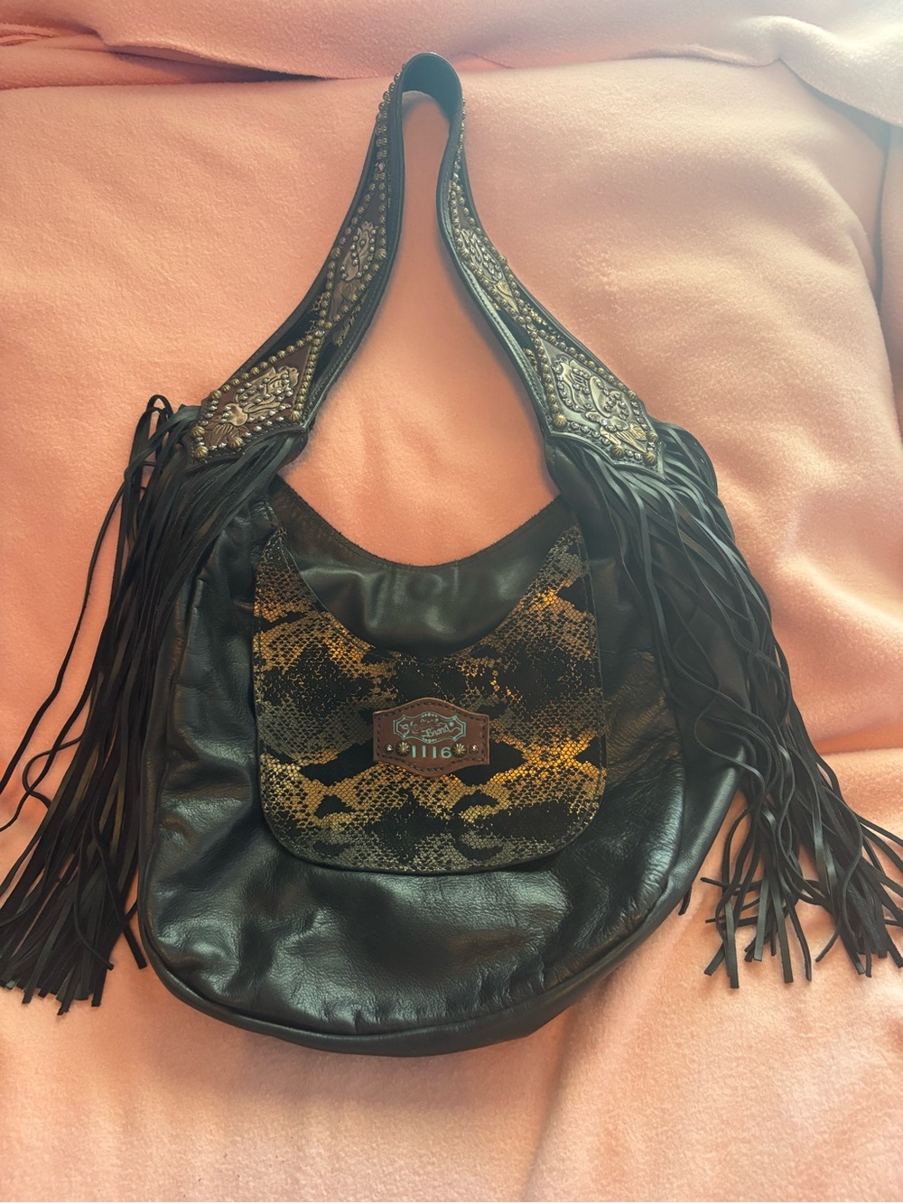 Heritage Brand Marilyn #1116 Black Leather Fringe Snake Western Hobo Purse